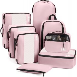Organisateur De Val 8 Pi&egrave;ces, Rangement Val Organisateur Pour Les Voyages Et Les Vacances, Packing Cubes Avec Sac &Agrave; Chaussures Et Sac &Agrave; Cosm&eacute;tiques, Voyage Accessoires, Rose - Neuf