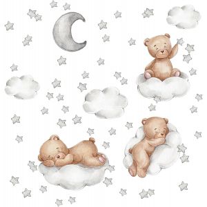Stickers Muraux Etoile Lune Ourson Autocollant Mural Enfant Amovible - Décoration Murale Ours,Nuages,Étoiles Et Lune - Autocollants Muraux Animaux Pour Crèches Et Pépinières - Neuf