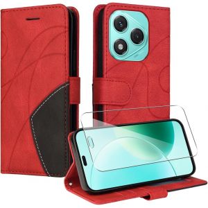 KAL-Coque Pour Honor 400 Lite 5G (6.7"" Inches) Avec 1 Pi&egrave;ces Protection &Eacute;cran En Verre Tremp&eacute;, Couleur Combinaison Pu Cuir Flip Portefeuille Housse &Eacute;tui Pour Honor 400 Lite 5G - Rouge - Neuf