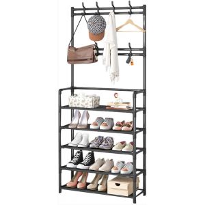 Porte-manteau avec &eacute;tag&egrave;re &agrave; chaussures, 8 crochets amovibles, design 2 en 1, &eacute;tag&egrave;re &agrave; chaussures &agrave; 5 niveaux, pour entr&eacute;e, chambre, couloir, bureau, noir, 170 x 25 x 60 cm - Neuf
