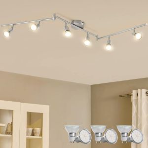 KAL-Plafonnier Led 6 Spot, Luminaire Plafond Lustre Orientable Gu10 Light, Lampe Eclairage De Cuisine Applique, Ampoules Blanc Chaud Incl 6X6W, Pour Interieur Salle Manger Salon Bain, Nickel Mat - Neuf