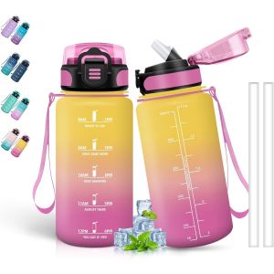Gourde- 500ml- Gourde Enfant,Gourde Avec Paille,Anti-Fuite,Gourde Graduée Pour 1 Journee,Avec Marqueur De Temps,Gourde Sport Pour Filles,Bouteille D'eau Pour L'école,Voyage,Camping,Jaune-Rose - Neuf