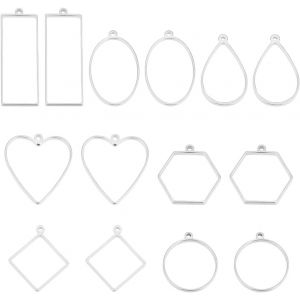 Kal-Pcs 7 Styles 304 Pendentifs À Lunette Arrière Ouverte Acier Inoxydable Breloques En Forme De Losange En Forme De Coeur Résine Époxy Cadres Arrière Ouverts Pour Bricolage Résine Uv Fleur - Neuf