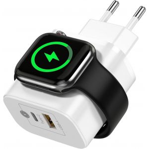 3 in 1 iPhone Charger, Quick Charge Block 20W Wall Mounted Portable USB C 2 Ports PD & QC Fast Charger for Apple Watch 1-8/SE/Ultra, for AirPods Pro/3/2 for iPad Samsung Huawei - Neuf