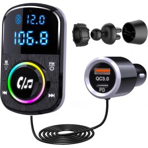 Loc-Transmetteur Fm Bluetooth Voiture,Allume Cigare Bluetooth 5.3,2 Ports 30W Pd & 18W Qc 3.0 Chargeur Rapide,Basse & Hifi Musique & Kit Main Libre,Anneau Lumineux Color&eacute; Rgb - Neuf