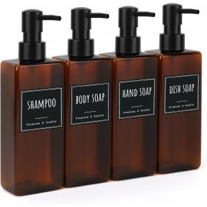 KAL-Distributeur Savon, 4 Pièces 500Ml Flacon Pompe Vide, Distributeur Gel Douche, Distributeur Savon Plastique Avec Etiquettes, Distributeur De Savon Liquide Pour Salle De Bain (Brun) - Neuf
