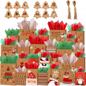 Sacs Cadeaux de Noël, 24PCS Sacs En Papier Kraft Sacs De Cadeaux De Noël Boîtes De Papier De Bonbons De Noël Avec 24 Feuilles De Papier De Soie De Noël - Neuf