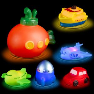KAJGL-Jouets De Transport Pour Le Bain Lumineux Transport Jouet De Baignoire Avec Flashs Colorés Automatiques 6 Pièces Sous-Marin Flottant Fusée Voiture Avion Modèle Jouet De Bain Cadeau Pour Enfants - Neuf