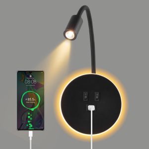 Applique Led,Applique De Chevet R&eacute;glable &Agrave; Col De Cygne,Lampe De Lecture Chevet Avec Port Chargement Usb,Applique De Couloir,Adapt&eacute;e Pour Chambre/Couloir/H&ocirc;tel (Lumi&egrave;re Chaude 3w + 9w) (Noir) - Neuf