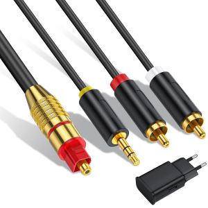 Optique vers L/R Câble SPDIF vers Jack 192kHz Convertisseur DAC Audio Numérique Toslink vers Analogique Stéréo Audio L/R Jack 3,5 mm pour HDTV Blu Ray DVD Amps TV Box (10ft/3m) - Neuf