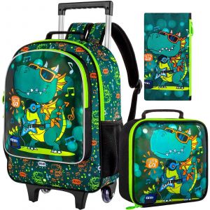 Sac À Dos Roulant Dinosaure 3 Pièces Pour Garçons, Sacs À Dos D'école Pour Enfants Avec Roulettes, Sac À Livres À Roulettes Avec Boîte À Déjeuner Pour L'élémentaire-Vert - Neuf