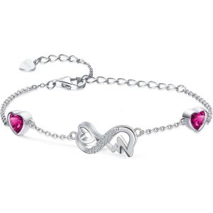 Eryi-Bracelet Infini Coeur Argent Sterling 925 Bracelet Femme Avec 2 Coeurs Pierres De Naissance Réglables Infinity Heart Ecg Bracelets, Belle Bijoux Cadeau D'anniversaire Pour Fille Maman - Neuf
