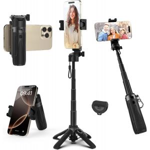 LORANKA-Mini Perche &agrave; Selfie Bluetooth, 3 en 1 Mini Tr&eacute;pied Extensible, Support pour T&eacute;l&eacute;phone Portable, Smartphone Capgrip avec T&eacute;l&eacute;commande, 2 Sabots Froids, pour Smartphone iPhone/Android (Noir) - Neuf
