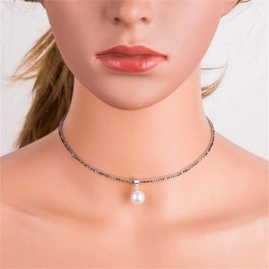Femmes Nouvelle Mode Belle Simple Faux Perle Collier Cou Cha&icirc;ne (Noir) - Neuf