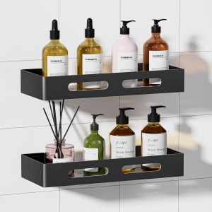 Etagere Salle de Bain sans Percage, 2 Pi&egrave;ces Porte Savon Douche, Rangement Salle de Bain Rangement avec Adh&eacute;sif (Noir) - Neuf