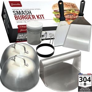 Ulteronixshop-Kit Smash Burger Inox Pro: Presse Hamburger Antiadh&eacute;sive, Spatule 13 cm et Spatule-grattoir 10 cm, 2x Cloches, Saupoudreuse & Anneaux &agrave; ?ufs pour Barbecue, Plancha et Po&ecirc;le &iquest; Certifi&eacute; U - Neuf