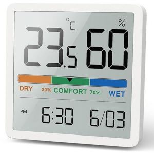 Thermomètre Hygromètre D'ambiance, Thermomètre Numérique De Bureau Avec Moniteur De Température Et D'humidité, Thermomètre Hygromètre Précis Avec Horloge (Blanc) - Neuf