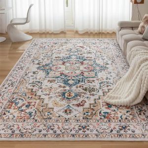 TIANYI-Grand tapis lavable et antid&eacute;rapant pour salon, chambre &agrave; coucher, style vintage, oriental et boh&egrave;me, ne perd pas ses poils, beige, 80 x 150 cm - Neuf
