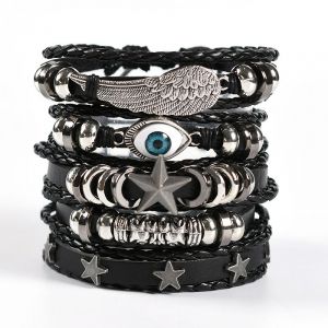 (B)Bracelet En Cuir Tress&eacute; Noir Et Marron Pour Hommes Et Femmes, Large, Bijoux Punk, Bracelet T&ecirc;te De Mort - Neuf