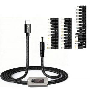 acdsgd-C&acirc;ble adaptateur USB-C PD vers DC 100 W 5 V 9 V 12 V 15 V 20 V r&eacute;glable avec 34 fiches DC 5,5 x 2,1 mm, bo&icirc;tier en alliage de zinc et c&acirc;ble en nylon de 1 m compatible avec ordinateur portable - Neuf