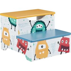 Ginger Home &iquest; Marchepied Enfant 2 Marches Avec Rangement, Poign&eacute;e, Mdf, Motif Monster, 33&times;35,5&times;24,7 Cm - Neuf