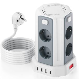 Tour Multiprise avec Interrupteur, Multiprise Parafoudre et Surtension avec 8 Sortie AC et 4 Ports USB(Max 5V/3.4A) Prise Multiple Rallonge Electrique 3M Convient pour Maison, Bureau, Blanc - Neuf