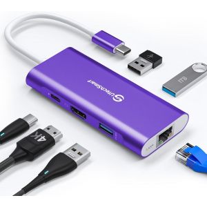 Hub USB C 6 en 1, Adaptateur USB C vers HDMI, avec Ethernet 1000 m, PD 100W, 3 Ports USB 3.0, Adaptateur multiport Compatible avec MacBook, et Périphérique USB C (Violet foncé) - Neuf