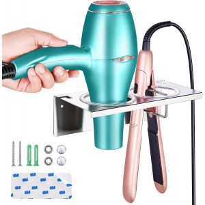 Support Seche Cheveux,Porte Seche Cheveux et Lisseur,Acier Inoxydable Porte Seche Cheveux Mural,Auto-adhésif Support Seche Cheveux sans Percage,Convient pour Salle De Bain,Argent - Neuf