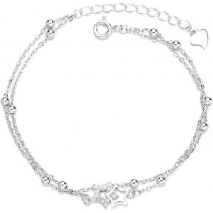 Bracelet Pour Femme En Argent Sterling 925 Avec Double &Eacute;toile En Oxyde De Zirconium - Cha&icirc;ne R&eacute;glable - Cadeau Pour Filles Et Femmes,7 68 Inch,Argent Sterling,Oxyde De Zirconium - Neuf