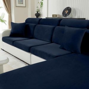 Cmws-Housse Coussin Canapé Velours, Universelle Housse Assise Canapé Extensible, Protection Pour Meubles Couvre Pour Canape Antidérapante(3 Places, Bleu Foncé) - Neuf