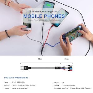 C&acirc;ble De Charge Multi Chargeurs 4 En 1, 3A 1.2M Tress&eacute; C&acirc;ble Usb Universel Avec Connecteurs 2*Phone/Micro Usb/Type C, Pour Ios T&eacute;l&eacute;phones, Android Galaxy, Lg, Moto, Sony, Huawei, Xiaomi, Ps4 - Neuf