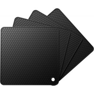 Mevronisshop-Lot De 4 Dessous De Plat En Silicone, R&eacute;sistants &Agrave; La Chaleur Et Anti D&eacute;rapants, Tapis En Silicone Multifonction Pour Casseroles, Po&ecirc;les, Assiettes Et Supports De Spatules, Carr&eacute;-Noir - Neuf