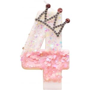 Eryi-Bougie D'anniversaire En Forme De Chiffre 4, Décoration De Gâteau D'anniversaire Rose Pour Filles, Décoration De Gâteau Étincelante Avec Couronne À Paillettes, Bougies En Forme De Chiffre - Neuf