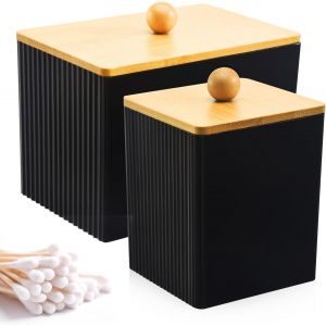 2Pcs Housse en Bambou Anti-Poussière Boite Coton Tige,Acrylique Robuste Rangement,Distributeur,Coiffeuse Peut Stocker Boule Épingles à Cheveux - Neuf