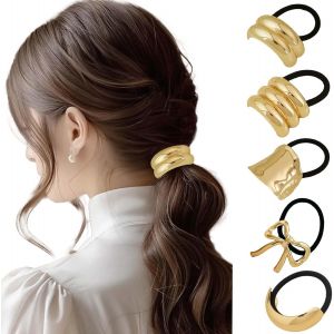 5 Pièces Elastique Cheveux Metal Dore, Bijoux Cheveux Doré, Elastiques À Cheveux, Accessoires Cheveux Femme, Attache Cheveux Pour Queue De Cheval - Neuf