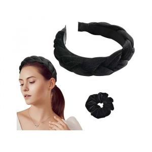 Serre-T&ecirc;te Velours Noir Et Chouchou - Ensemble Accessoires Cheveux Tissage Crois&eacute; Style Vintage &Eacute;l&eacute;gant Pour Coiffure Femme - Neuf