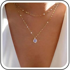 Kal-Collier Pendentif Mauvais Oeil En Or Collier Mauvais Oeil En Cristal Collier Pendentif Cz Brillant Collier Choker Collier Zircon Rond Collier Chaine Bijoux Pour Femmes Et Filles Cadeaux - Neuf