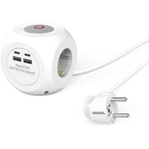 Multiprise Cube avec Interrupteur (Rallonge multiprise 1.4m, Bloc 3 Prises Terre F Schuko + 2 USBA + 2 USBC, 3680W 16A Id&eacute;al Bureau Cuisine Salon Atelier Garage PC luminaires Meuble TV) Blanc - Neuf