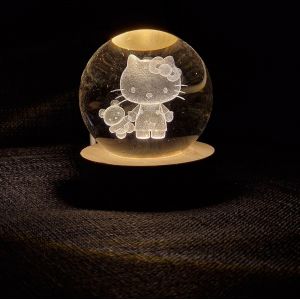 Lampe 3d Led Hello Kitty U2013 Sph&egrave;re En Cristal Grav&eacute;e Avec Base En Bois, Veilleuse D&eacute;corative Usb Pour Chambre, Cadeau Original (Hellokitty) - Neuf