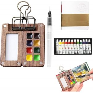 JEXNOVASHOP-Mini kit de peinture aquarelle de voyage, palette portable avec 8 grilles, ensemble d'aquarelle de poche de voyage avec clip en m&eacute;tal, palette de peinture aquarelle 12 couleurs avec stylo - Neuf
