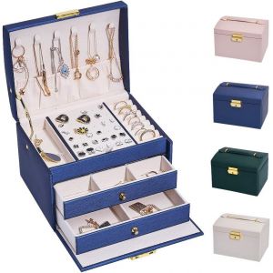Nbgcm-Boîte À Bijoux, Rangement Bijoux Verrouillable, Coffret Bijoux Femme Avec 2 Tiroirs Et 3 Couches, Rangement Pour Montre, Collier, Bague, Bracelet, Idée Cadeau (Bleu Marine Grande Taille) - Neuf