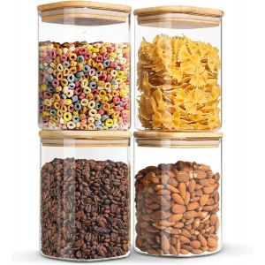 Bocaux En Verre, Lot De 1100ml&times;4 Bocal En Verre Avec Couvercle En Herm&eacute;tique Bambou, Bocaux Rangement Cuisine, Bocaux Conservation Verre Pour P&acirc;tes, C&eacute;r&eacute;ales, Th&eacute;, Sucre, &Eacute;pice - Neuf