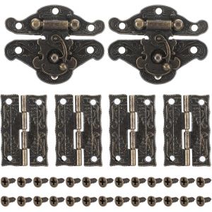 Lot de 2 loquets et charni&egrave;res pour bo&icirc;te &agrave; bijoux en bronze antique, serrure vintage et loquet r&eacute;tro avec motifs grav&eacute;s, 2 loquets et 4 charni&egrave;res pour bijoux en bois - Neuf