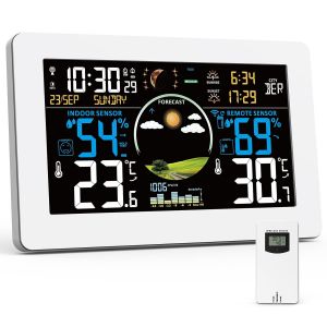 Station M&eacute;t&eacute;o Sans Fil, Thermom&egrave;tre et Hygrom&egrave;tre Int&eacute;rieur Ext&eacute;rieur avec Capteur Externe, Pr&eacute;visions M&eacute;t&eacute;o, &Eacute;cran VA 7,5"", Barom&egrave;tre, Alarme, 4 R&eacute;tro&eacute;clairage R&eacute;glable,Blanc - Neuf