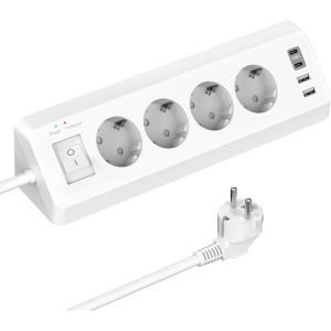 Multiprise Electrique, Multiprise Parasurtenseurs 4 Prises avec 2 Ports USB A+2 Ports USB C, Prise d'angle avec Interrupteur et C&acirc;ble 2M, Blanc - Neuf