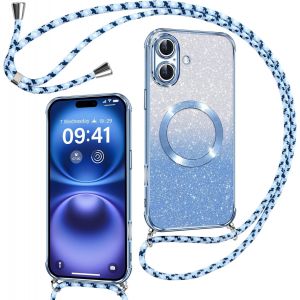 TRAHOO-Couqe Magn&eacute;tique pour iPhone 16 Con Cordon, Compatible avec MagSafe, Brillant Glitter Paillet&eacute; Antichoc Durable R&eacute;sistante Etui Housse pour iPhone 16 Bumper, Bleu - Neuf