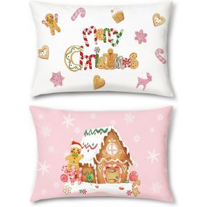 CAUC-Housse de Coussin No&euml;l Pain d'&eacute;pices Boulangerie Maison Flocons Rose 30 x 50 cm D&eacute;coratif Taie d'oreiller pour Canap&eacute; Salon Chambre Jardin Maison D&eacute;coration 2 Pi&egrave;ces - Neuf