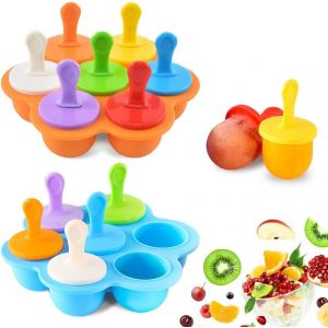 Eryi-Moule À Glace En Silicone, 2 Pièce Moules À Popsicle Diy Réutilisable 7 Moules À Glaçons Avec 14 Tige En Plastique Colorés Mini Moule À Glace Bébé Pour Crèmes Glacées, Bleu Et Orange - Neuf