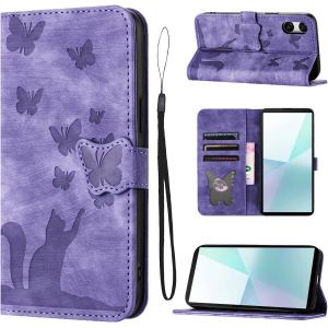 Kal-Housse Protection Pour Sony Xperia 10 Vi Matériau En Cuir Pu Coque Sony Xperia 10 Vi Avec Fentes Pour Cartes Étui Motif Papillon Chat Coque Xperia 10 Vi Violet - Neuf