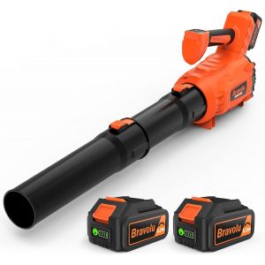 Souffleur de Feuilles sans Fil, Bravolu 21V Souffleur, Souffleur Feuilles Mortes avec 4.0Ah Li-ION Batterie & Chargeur, Vitesse Max 240 km/h, 2 Sections de Buses, 6 Vitesse Variable - Neuf